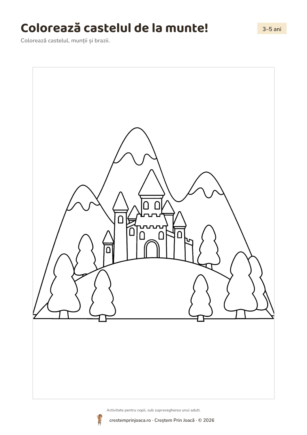 Colorează castelul de la munte! — fișă de lucru despre România, pentru 1 Decembrie