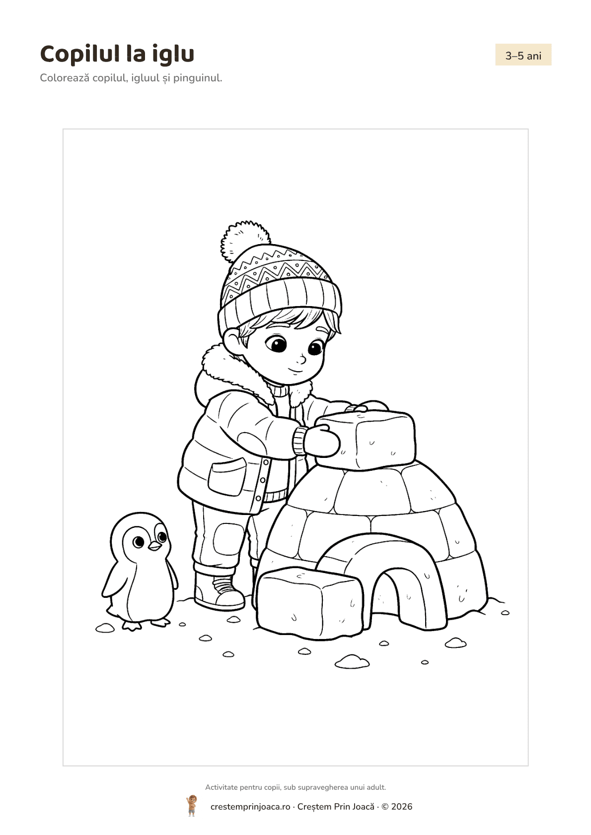 Copilul la iglu — fișă de lucru cu animale polare