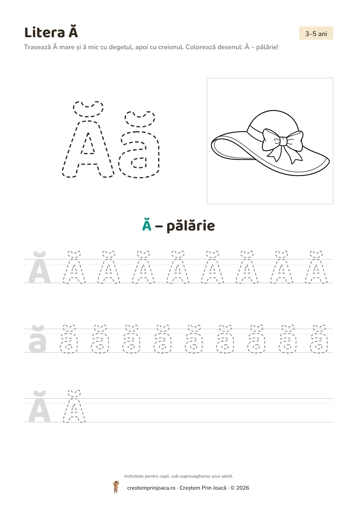 Litera Ă — fișă de lucru cu literele alfabetului