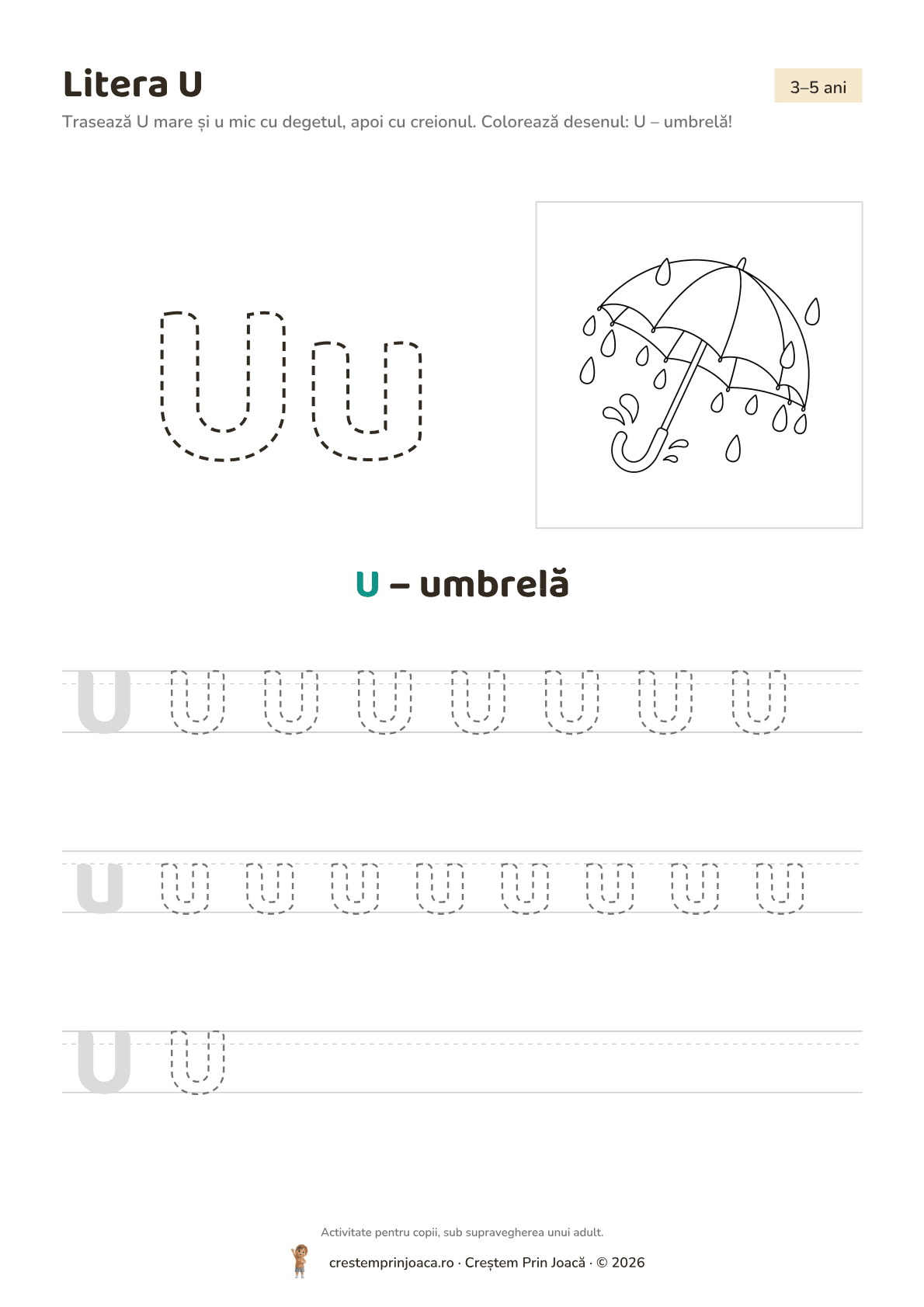 Litera U — fișă de lucru cu literele alfabetului