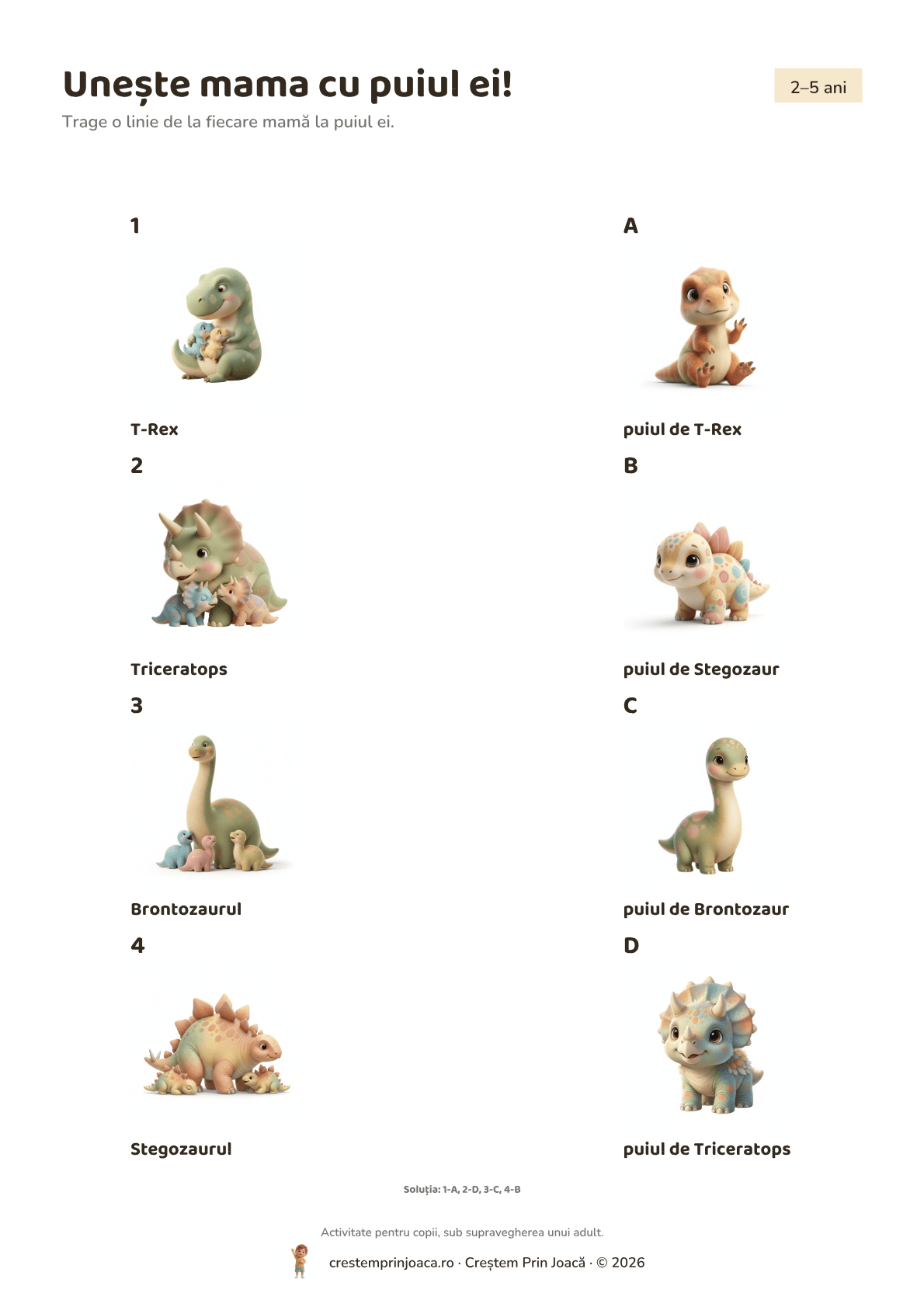 Unește mama cu puiul ei! — fișă de lucru cu dinozauri