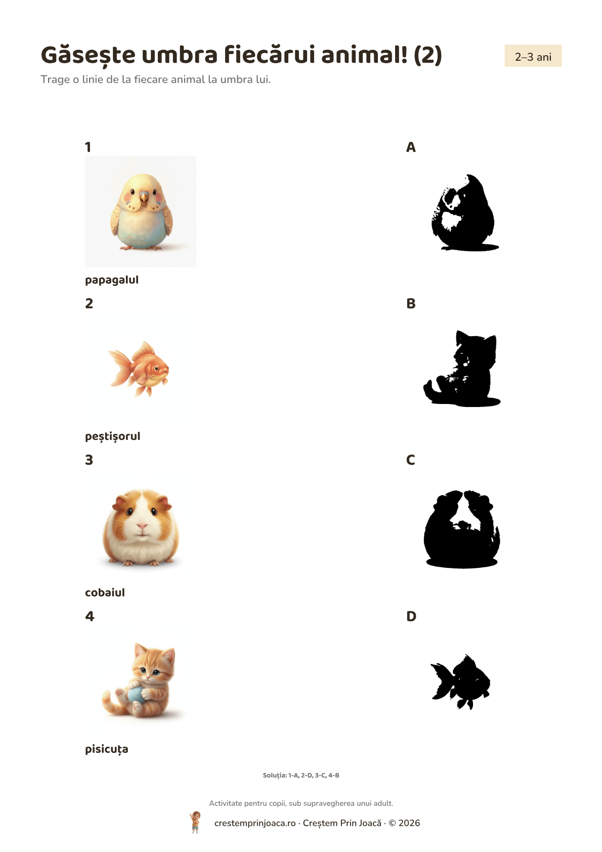 Găsește umbra fiecărui animal! (2) — fișă de lucru cu animale de companie