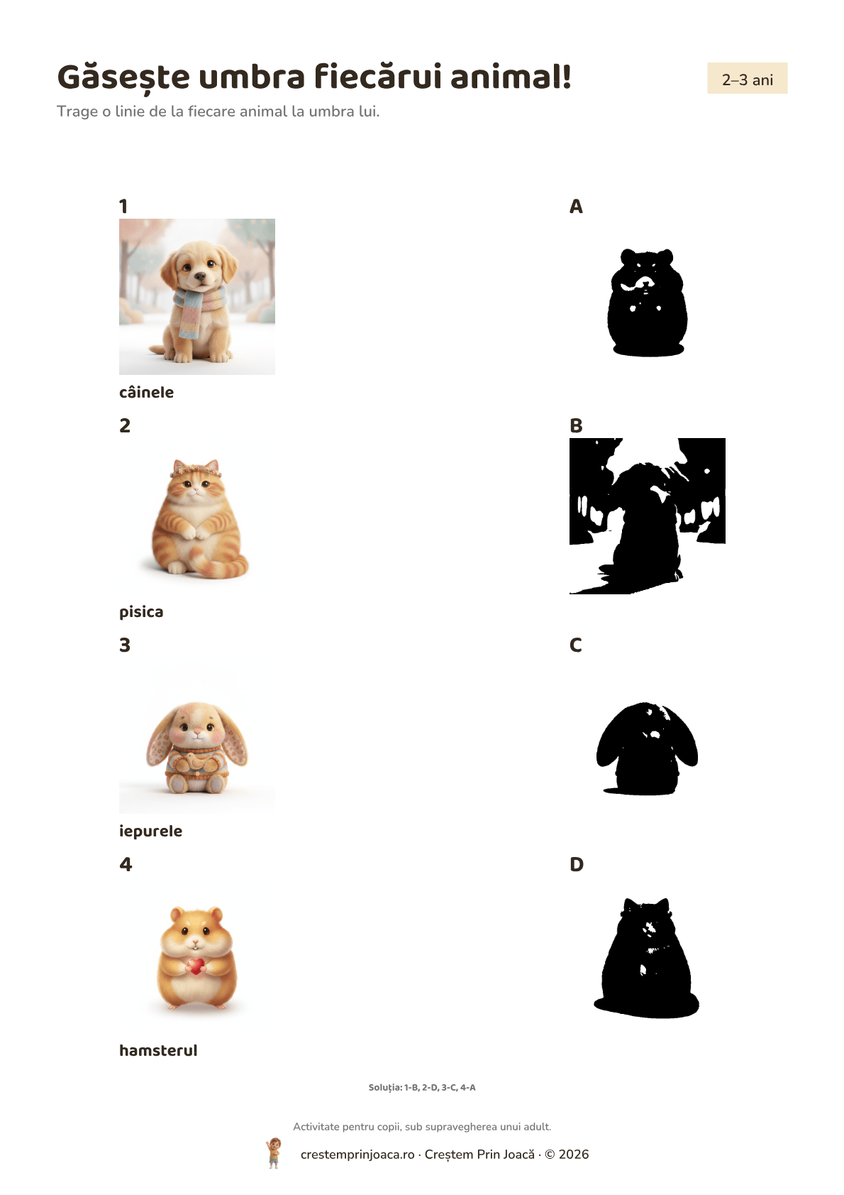 Găsește umbra fiecărui animal! — fișă de lucru cu animale de companie