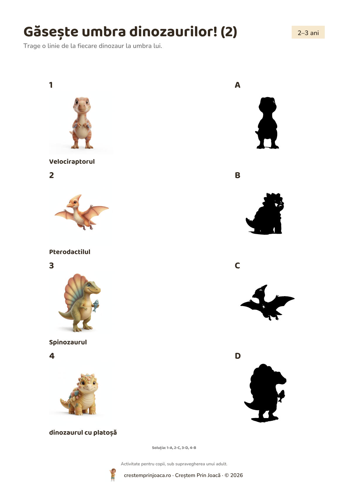 Găsește umbra dinozaurilor! (2) — fișă de lucru cu dinozauri