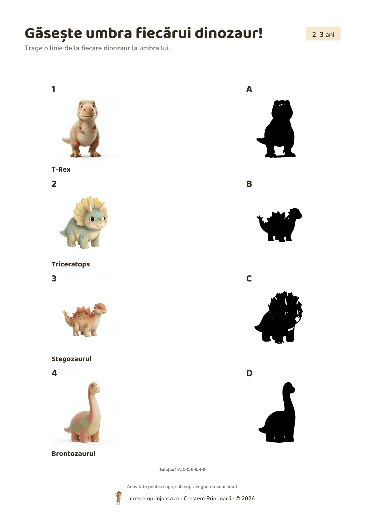 Găsește umbra fiecărui dinozaur! — fișă de lucru cu dinozauri