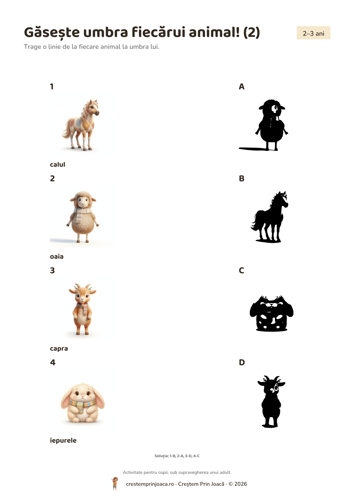 Găsește umbra fiecărui animal! (2) — fișă de lucru cu animale de la fermă