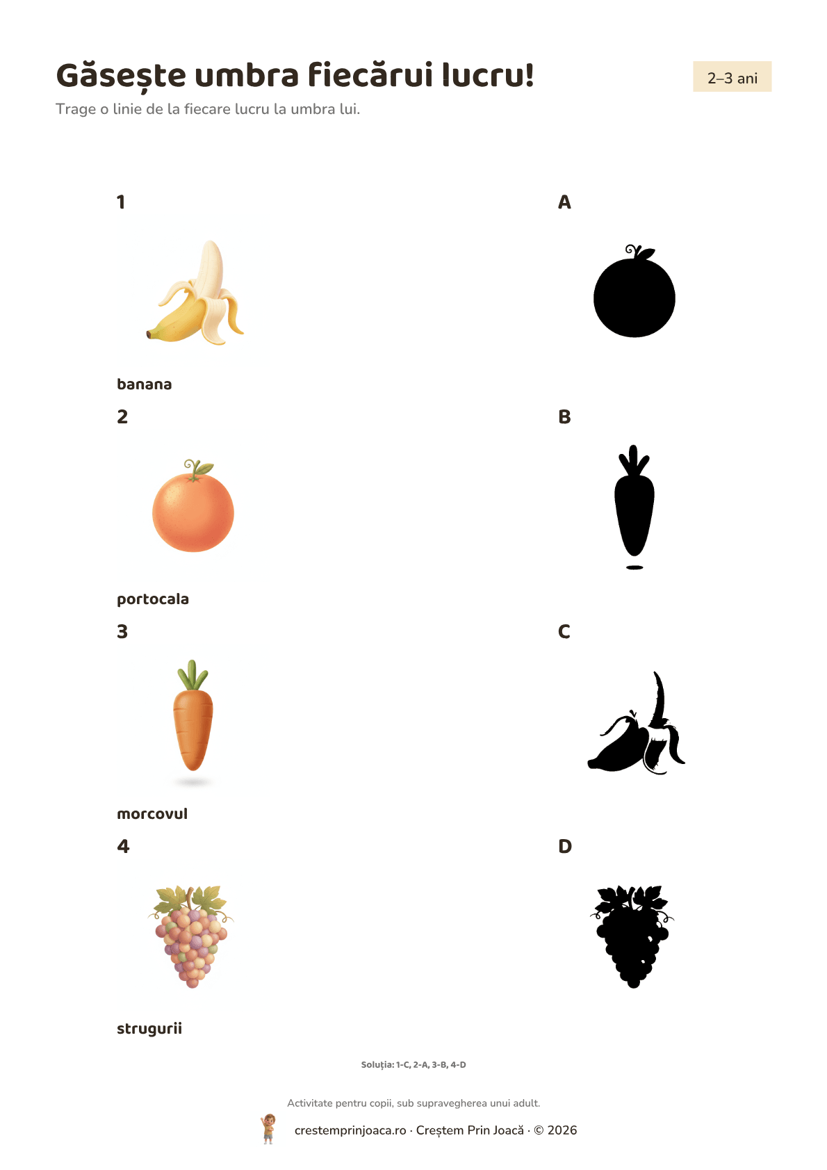 Găsește umbra fiecărui lucru! — fișă de lucru cu fructe și legume